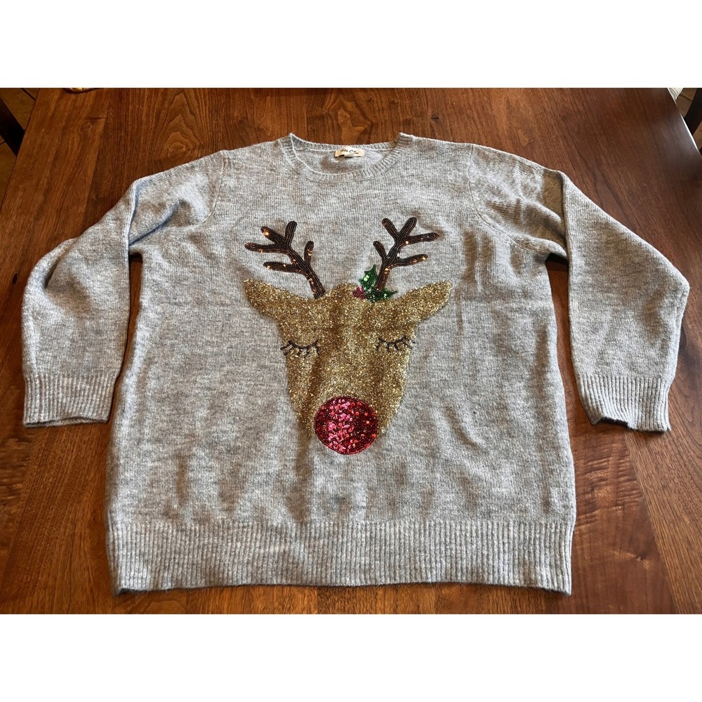 Tres Chic Womens XL Gray Reindeer Sequin Christmas Holiday‎ Sweater JK711